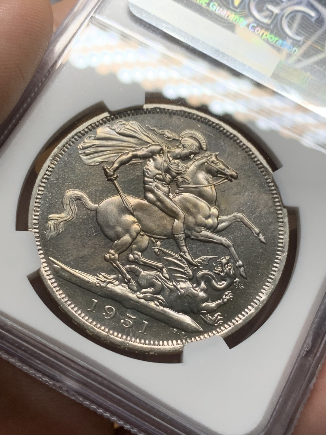 《竞宝斋》第91场-本周日，周一2场连拍（全场不限金额包邮） NGC PL63 英国 1951年乔治六世一克朗 全银光好品相