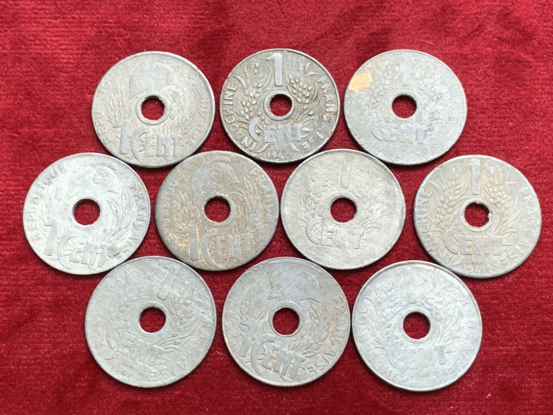 《竞宝斋》第91场-本周日，周一2场连拍（全场不限金额包邮） 1941年法属印支1分锌币流通品 10枚