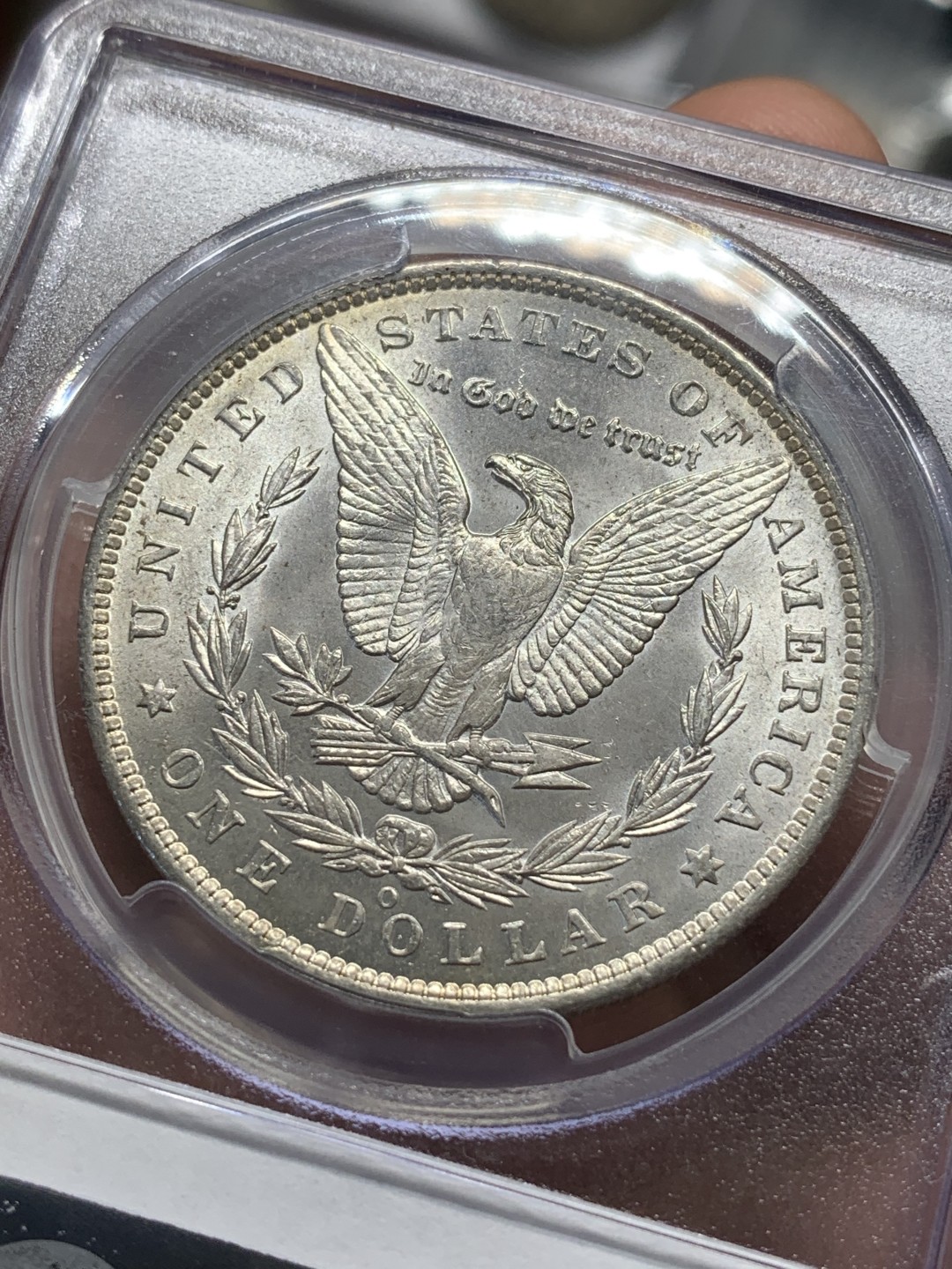 《竞宝斋》第91场-本周日，周一2场连拍（全场不限金额包邮） PCGS-MS63 美国 1885 O版 摩根银币 原味五彩好品