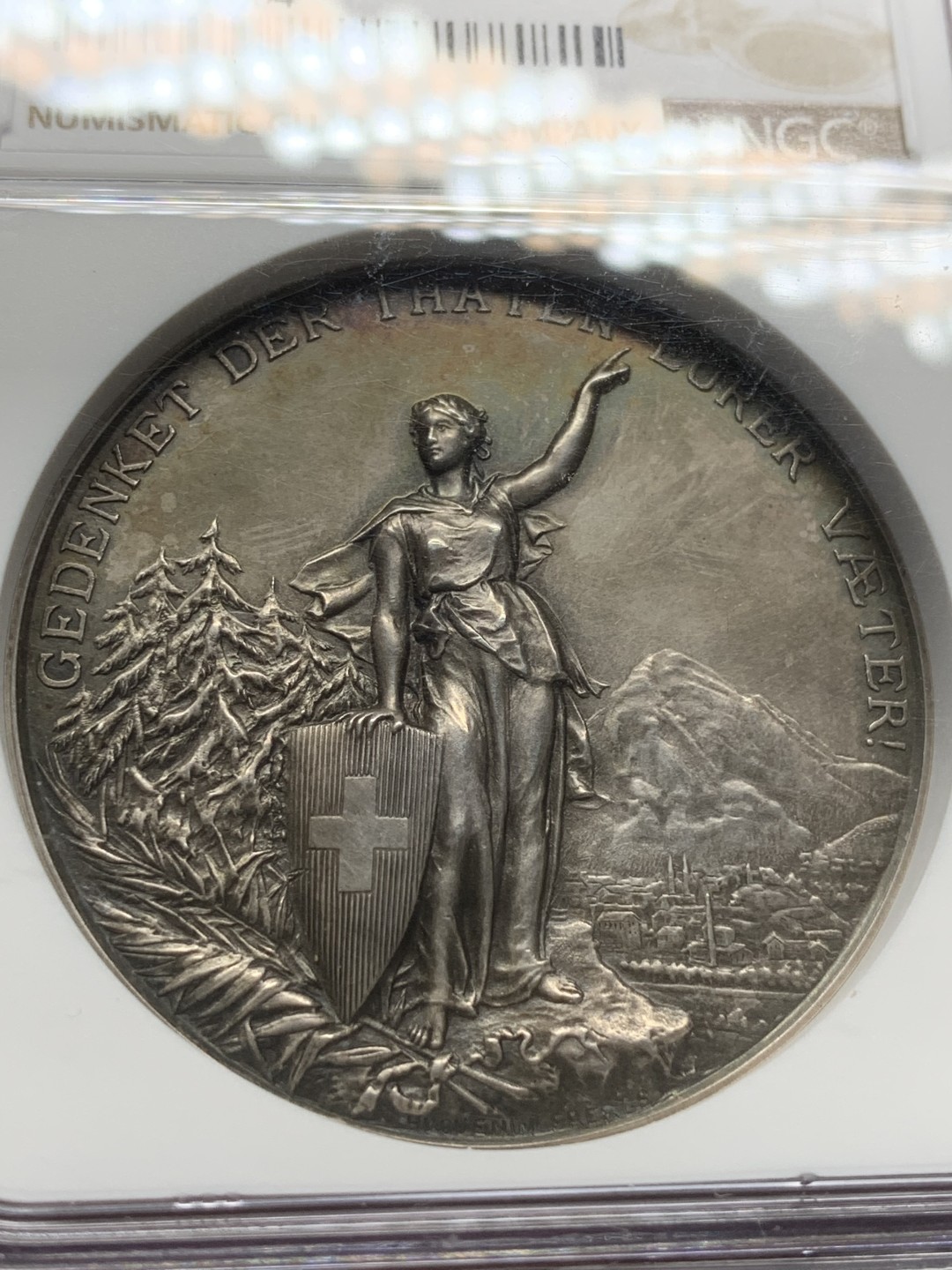 《竞宝斋》第91场-本周日，周一2场连拍（全场不限金额包邮） NGC-MS62 1892 瑞士格拉鲁斯射击节 银章 状态好 才是真的好