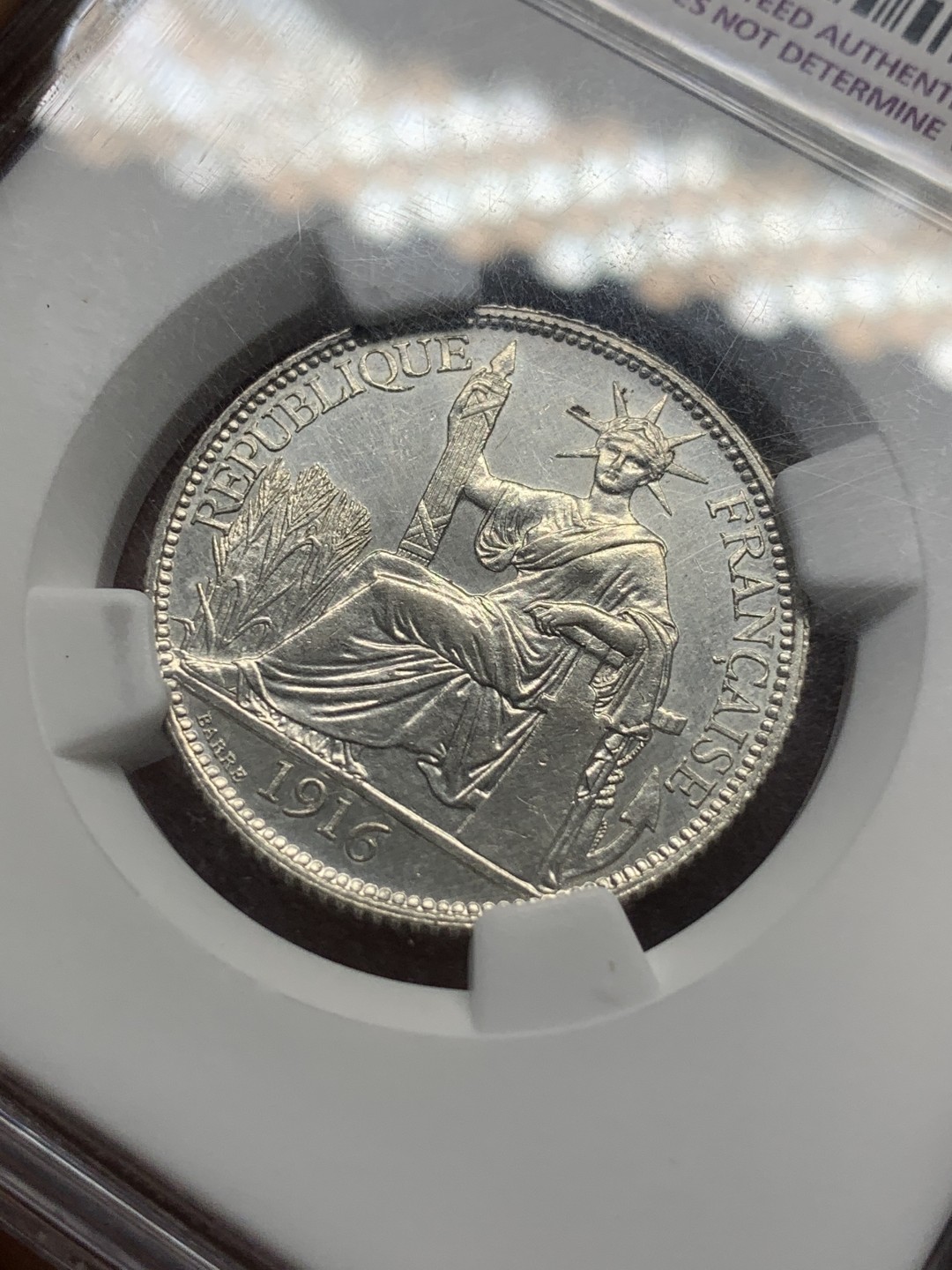 《竞宝斋》第91场-本周日，周一2场连拍（全场不限金额包邮） NGC AU评级 1916年 法属印支20分银币，高鼻子高胸