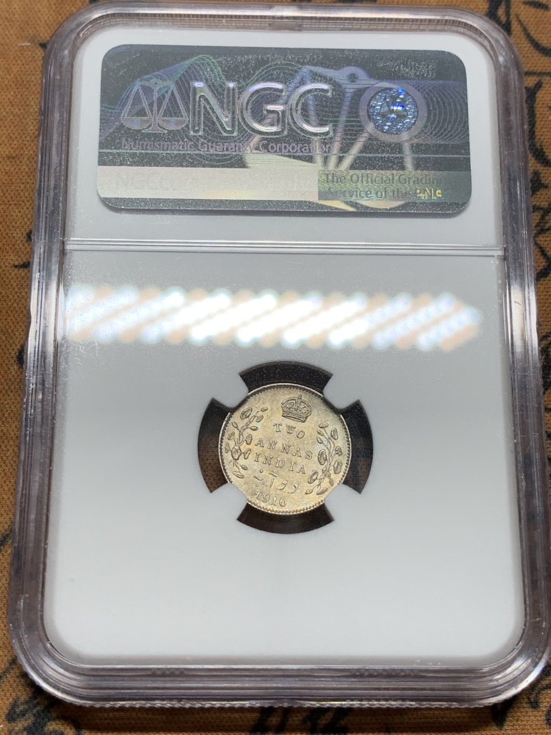 《竞宝斋》第91场-本周日，周一2场连拍（全场不限金额包邮） NGC-MS64 印度 爱七 1910年2安娜 银币 非常少见