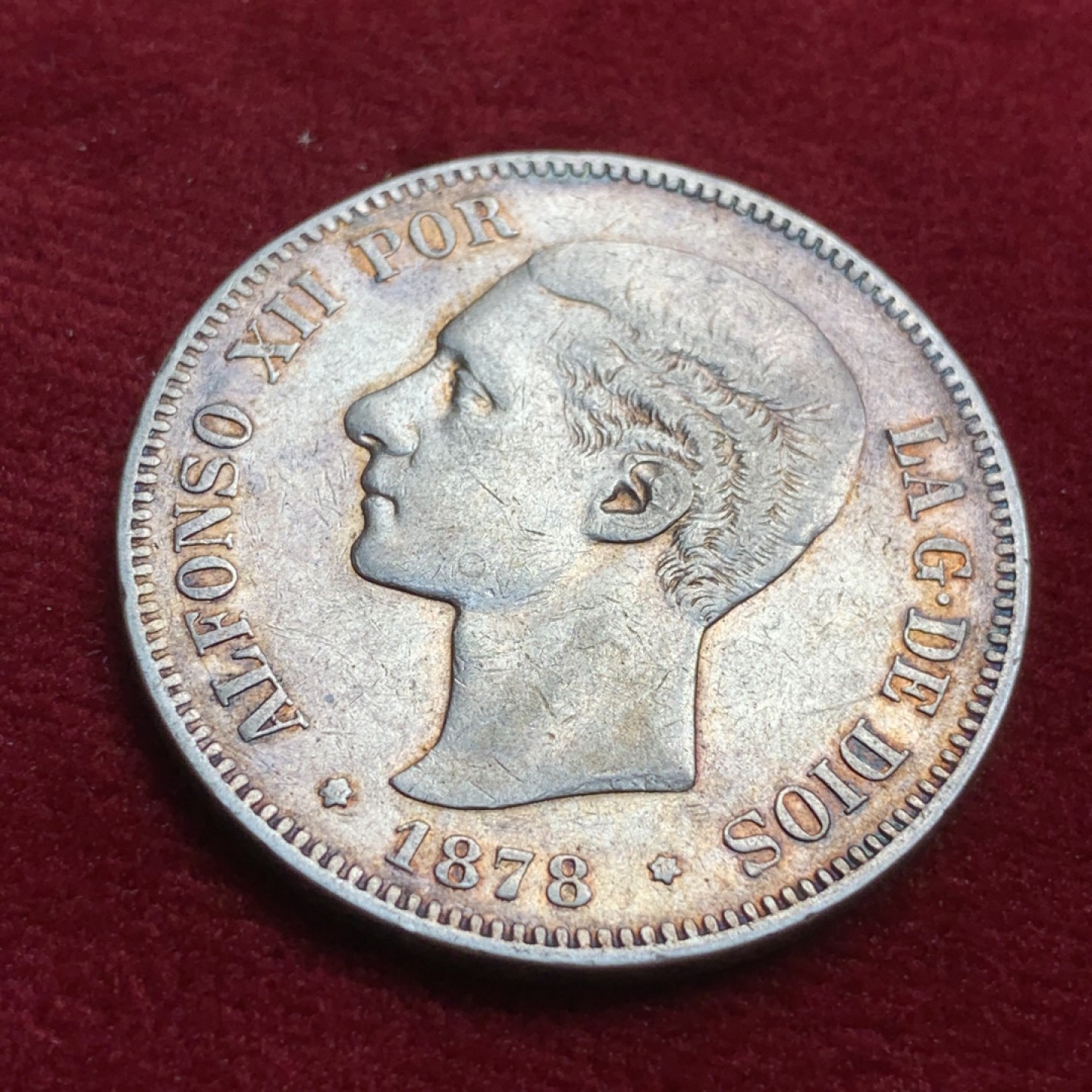 《竞宝斋》第91场-本周日，周一2场连拍（全场不限金额包邮） 西班牙  1878  5比塞塔银币  青年版