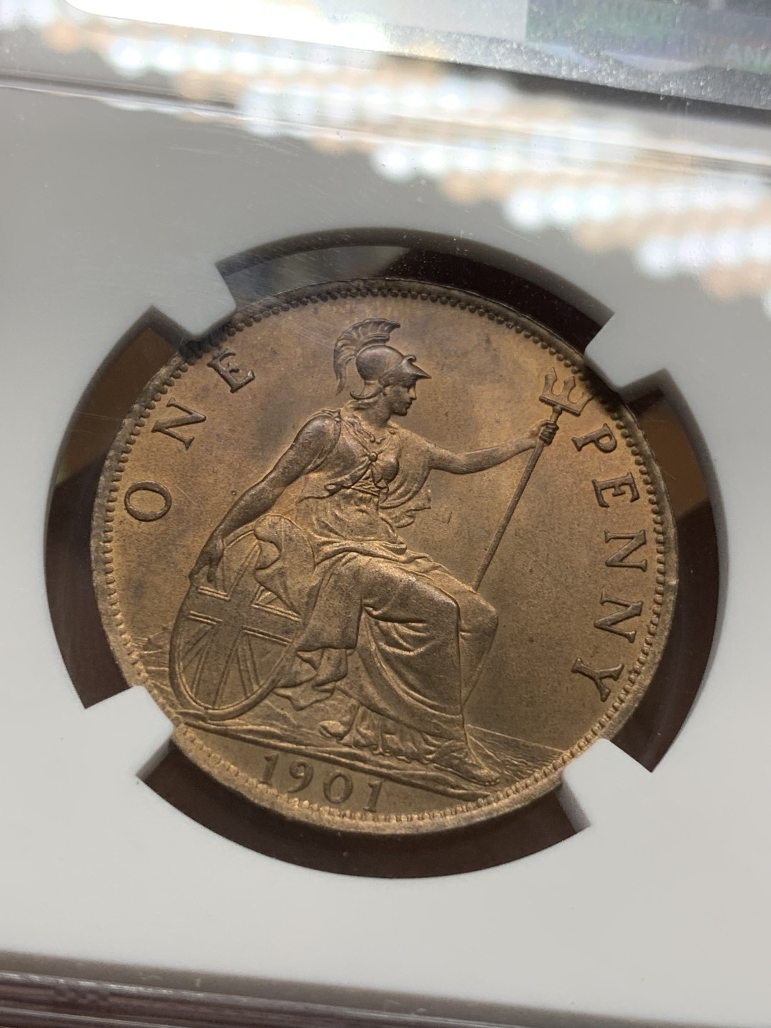 《竞宝斋》第91场-本周日，周一2场连拍（全场不限金额包邮） NGC MS 64RB 1901年英国维多利亚1便士 铜币 高分