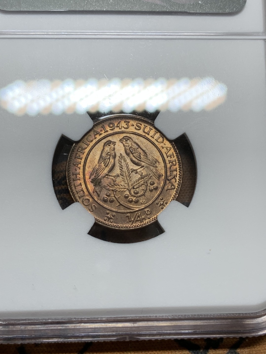 《竞宝斋》第91场-本周日，周一2场连拍（全场不限金额包邮） NGC-MS63RB 英属南非 乔治六世 1943年1/4便士铜币