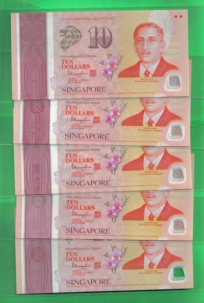 新加坡2015年10元 该国独立50周年塑料纪念钞 全套5枚 裸钞 实图 UNC        - 新加坡2015年10元 该国独立50周年塑料纪念钞 全套5枚 裸钞 实图 UNC       
