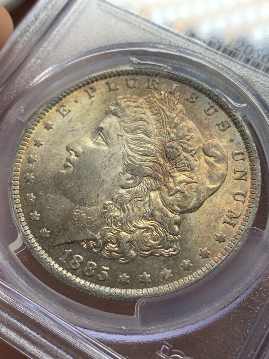 《竞宝斋》第91场-本周日，周一2场连拍（全场不限金额包邮） PCGS-MS63 美国 1885 O版 摩根银币 原味五彩好品