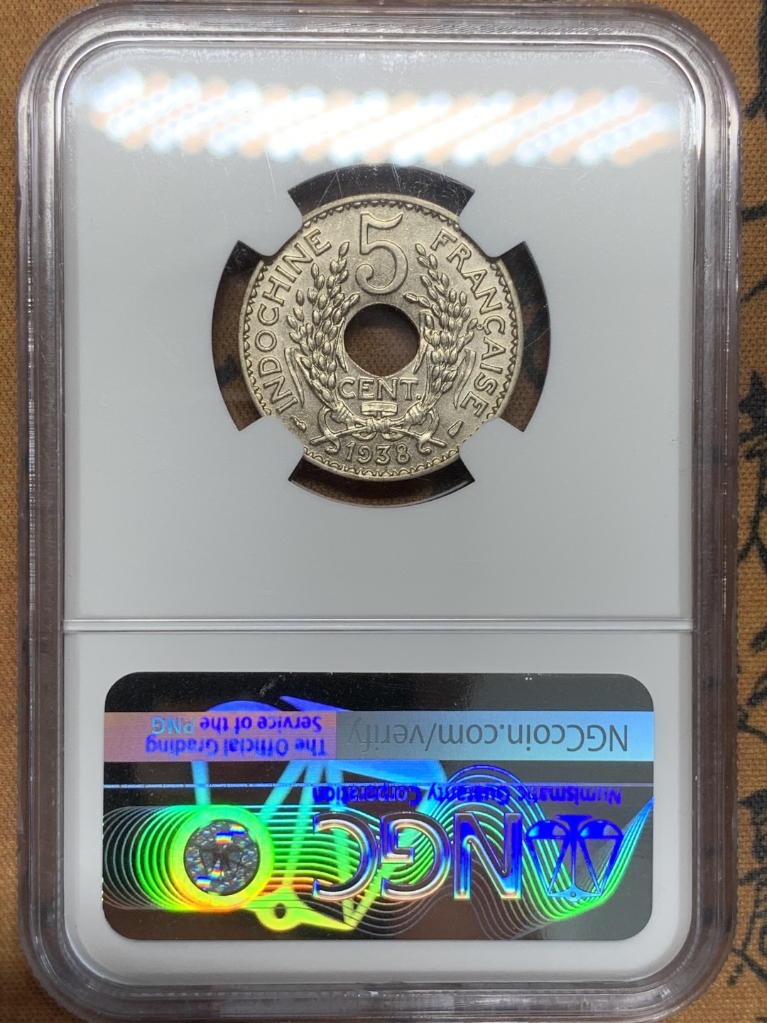 《竞宝斋》第91场-本周日，周一2场连拍（全场不限金额包邮） NGC MS63 1938年法属印支 5分镍币