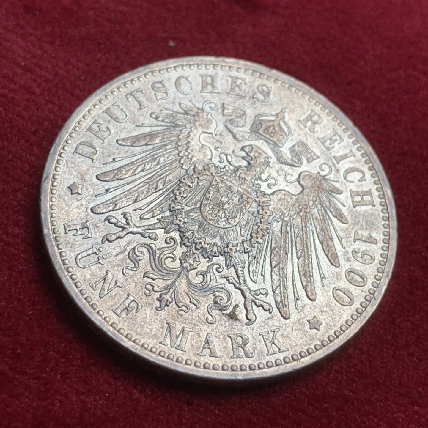 《竞宝斋》第91场-本周日，周一2场连拍（全场不限金额包邮） 德国 1900年 汉堡 双狮 5马克 银币 状态不错