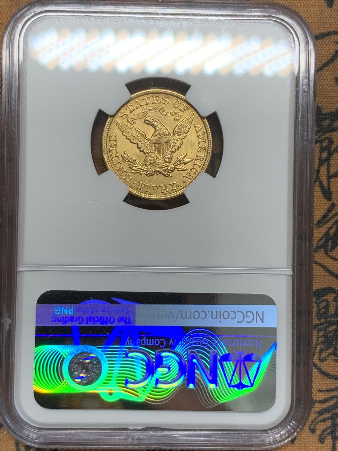 《竞宝斋》第91场-本周日，周一2场连拍（全场不限金额包邮） NGC-MS62 美国1899年 自由女神像和老鹰 早期5美元 金币 原光 一流的状态