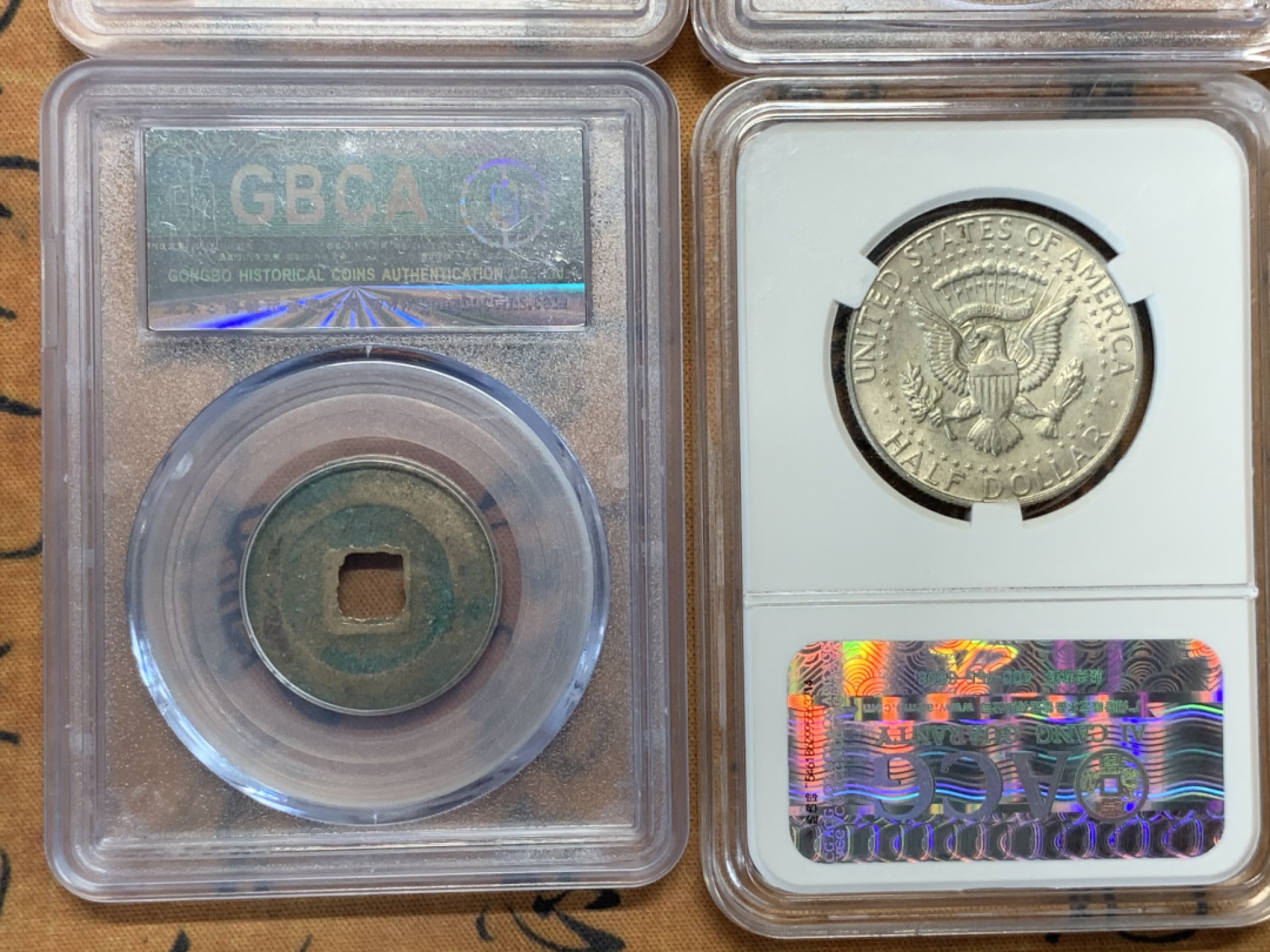 《竞宝斋》第91场-本周日，周一2场连拍（全场不限金额包邮） 4枚一组，公博评级三枚：祥符元宝、天圣元宝、景祐元宝、爱藏评级肯尼迪1967年25美分银币，买币送盒子。