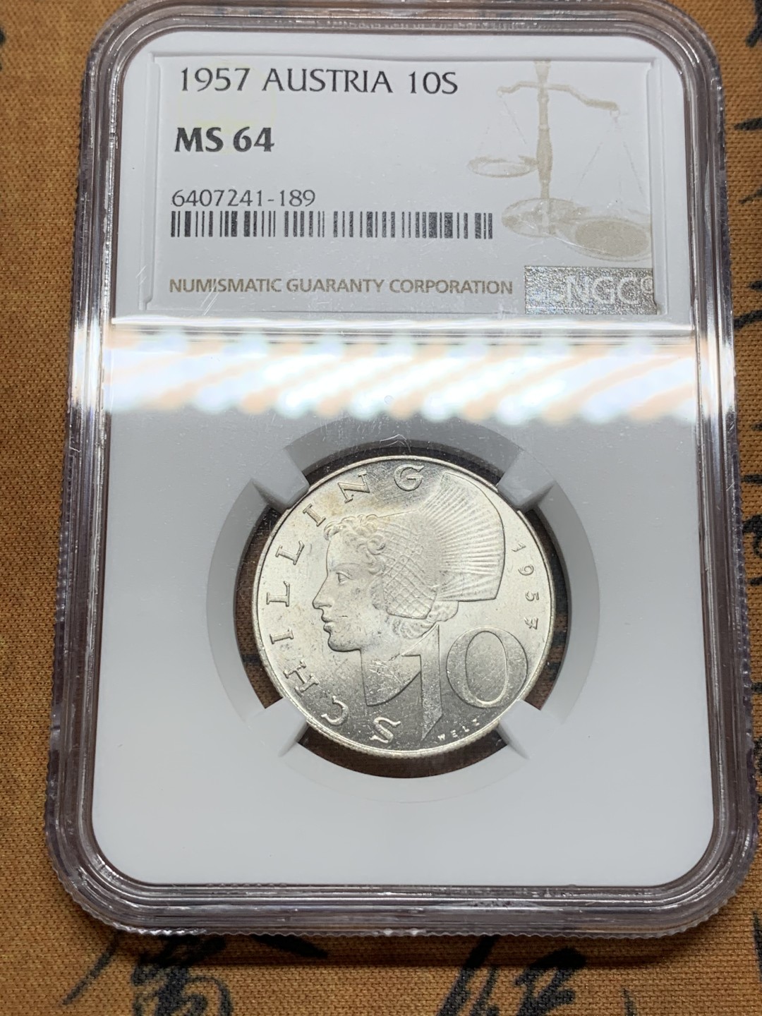 《竞宝斋》第91场-本周日，周一2场连拍（全场不限金额包邮） NGC-MS64 奥地利1957年女神10先令银币，流通首年份，N盒唯一亚军分