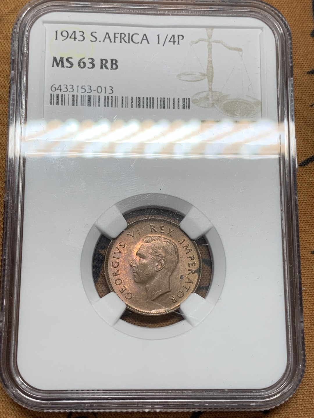 《竞宝斋》第91场-本周日，周一2场连拍（全场不限金额包邮） NGC-MS63RB 英属南非 乔治六世 1943年1/4便士铜币