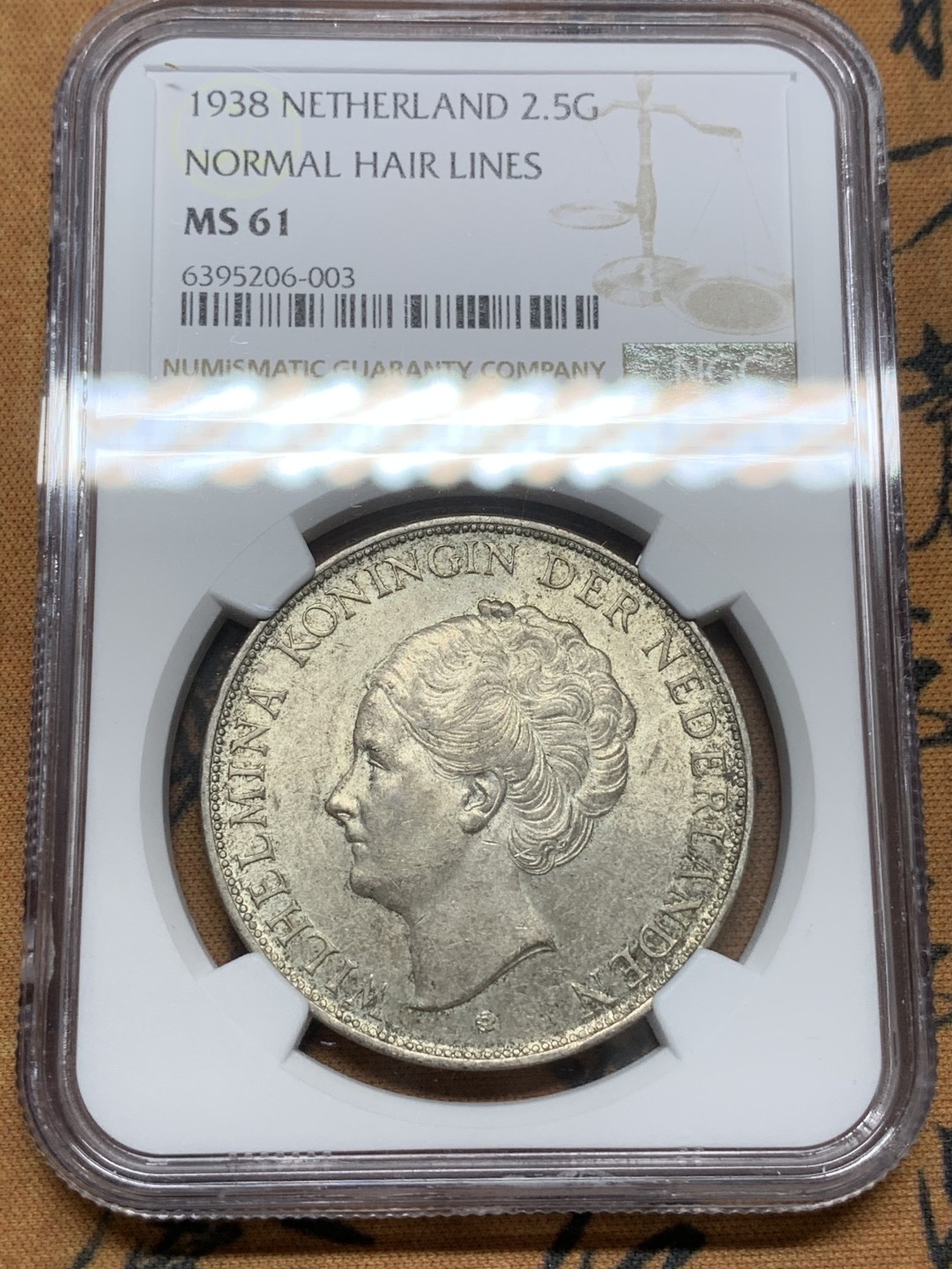 《竞宝斋》第91场-本周日，周一2场连拍（全场不限金额包邮） NGC-MS61 荷兰1938年 威廉米娜女王2.5盾大银币 原味好品