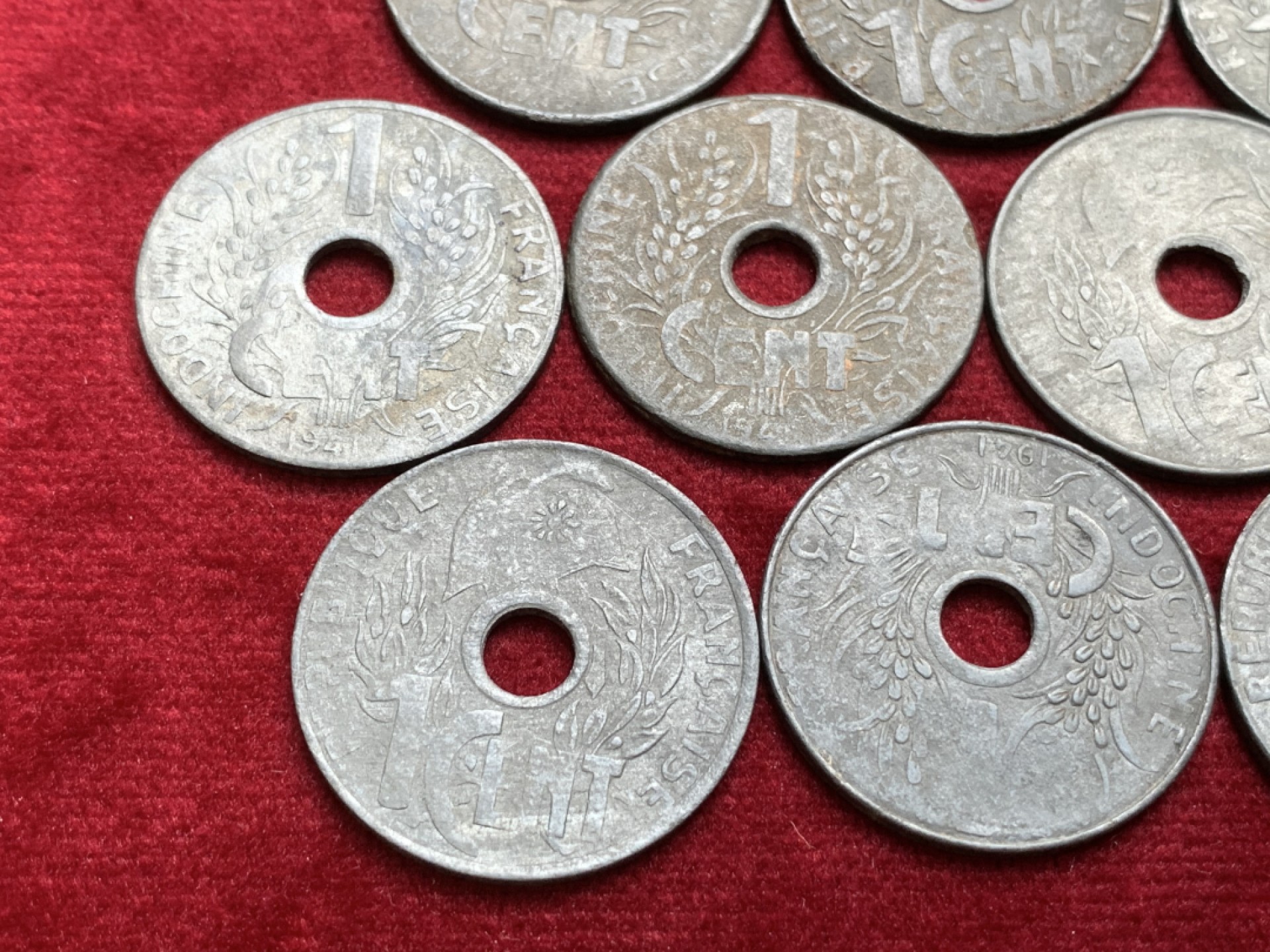 《竞宝斋》第91场-本周日，周一2场连拍（全场不限金额包邮） 1941年法属印支1分锌币流通品 10枚