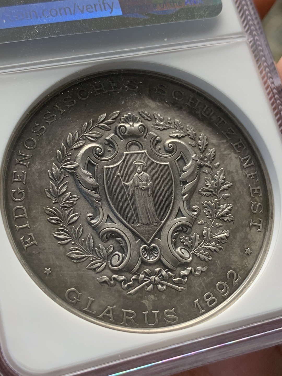 《竞宝斋》第91场-本周日，周一2场连拍（全场不限金额包邮） NGC-MS62 1892 瑞士格拉鲁斯射击节 银章 状态好 才是真的好