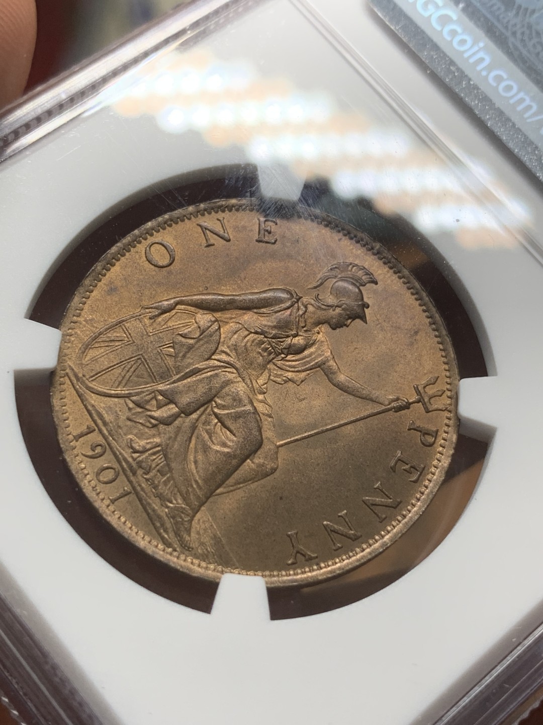 《竞宝斋》第91场-本周日，周一2场连拍（全场不限金额包邮） NGC MS 64RB 1901年英国维多利亚1便士 铜币 高分