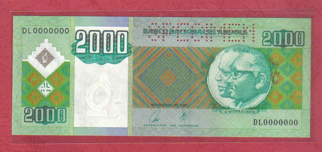 安哥拉2003年2000宽扎 票样 样钞 样票 全0号 非洲纸币 实图 UNC 