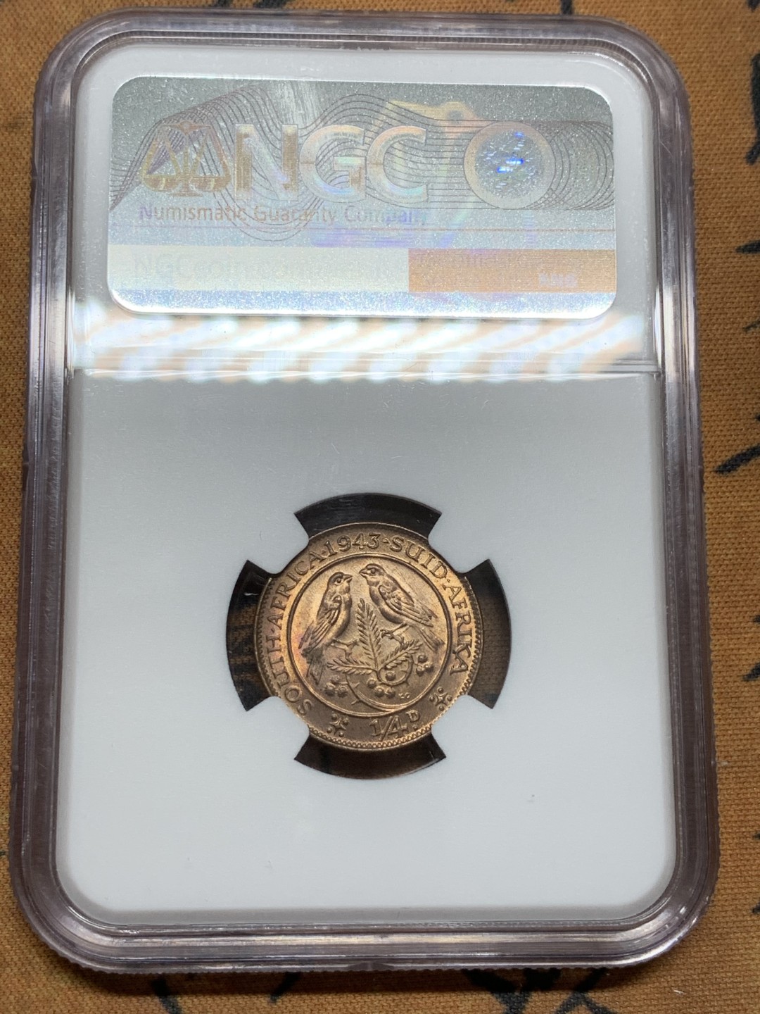 《竞宝斋》第91场-本周日，周一2场连拍（全场不限金额包邮） NGC-MS63RB 英属南非 乔治六世 1943年1/4便士铜币