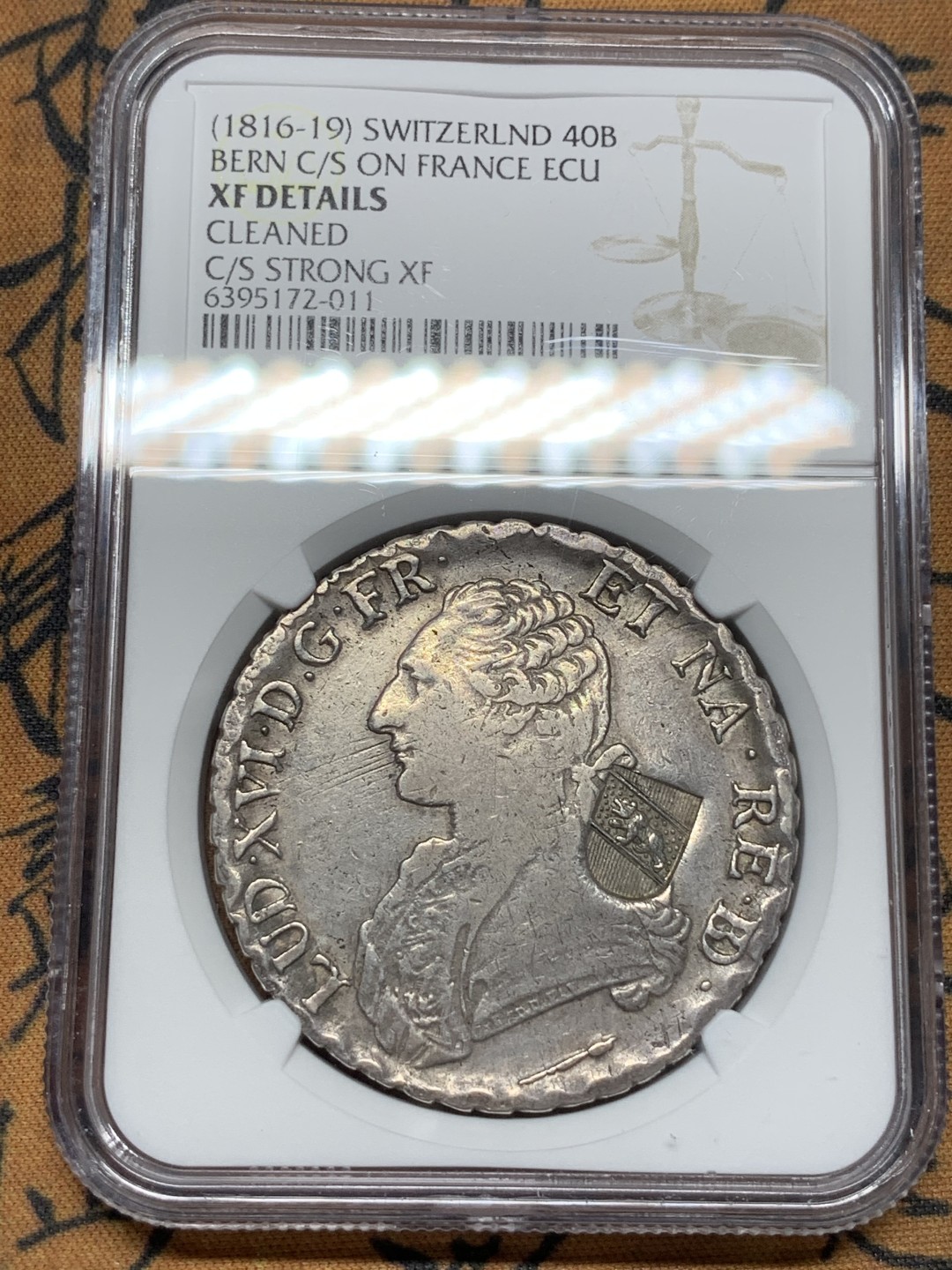 《竞宝斋》第91场-本周日，周一2场连拍（全场不限金额包邮） NGC-XF 瑞士 1816年 40B大银币 是加盖在法国路易十六ECU大银币上 非常稀少 现在加盖的币价格都飞天了