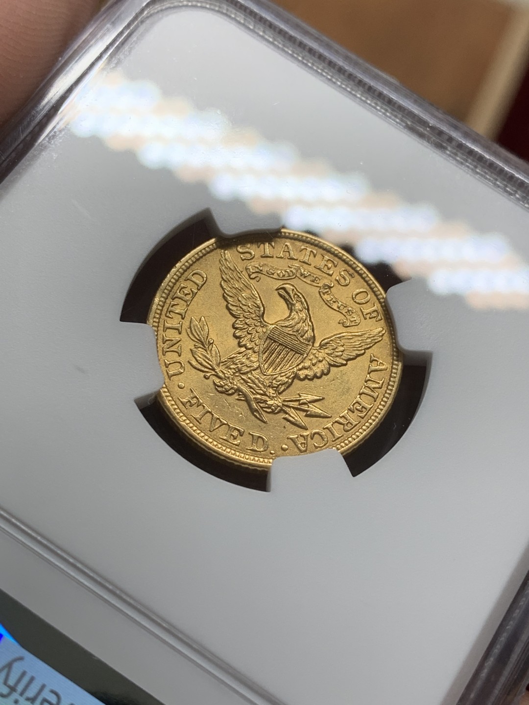 《竞宝斋》第91场-本周日，周一2场连拍（全场不限金额包邮） NGC-MS62 美国1899年 自由女神像和老鹰 早期5美元 金币 原光 一流的状态