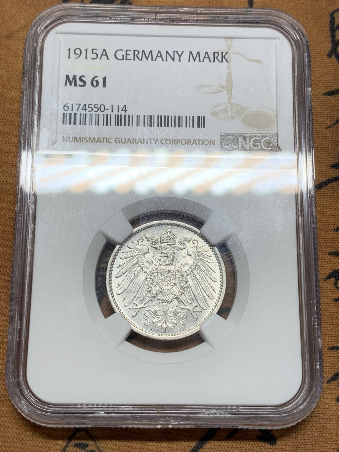 《竞宝斋》第91场-本周日，周一2场连拍（全场不限金额包邮） NGC-MS61 德国 1915年 A版 长翅鹰 1马克 银币