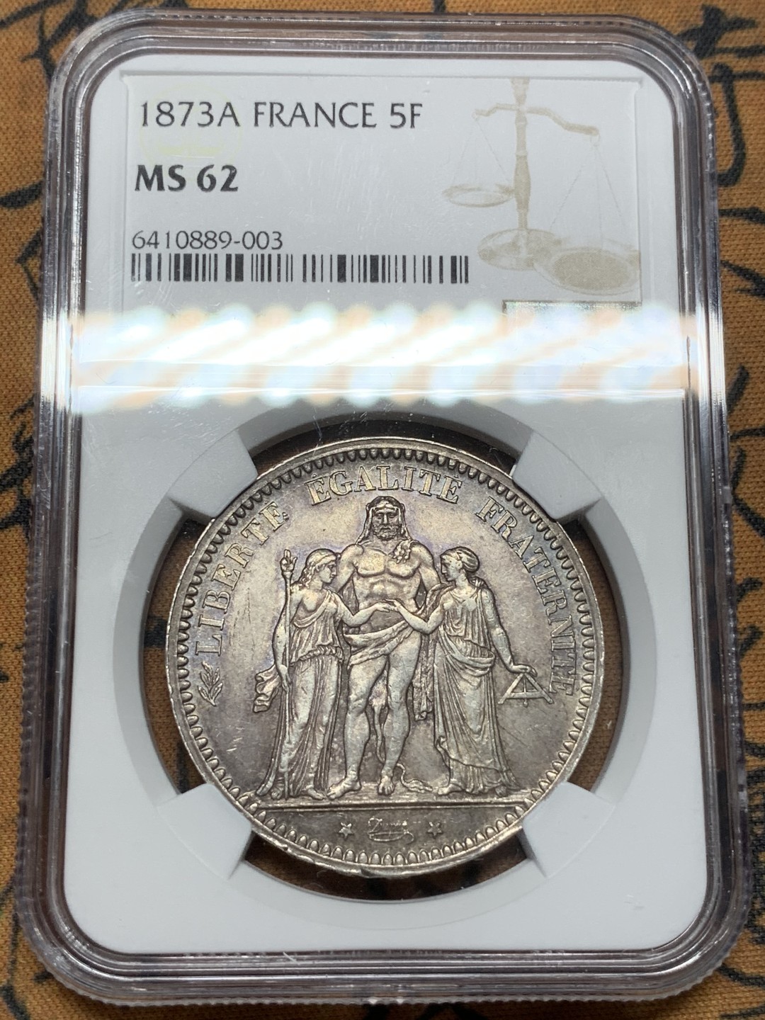 《竞宝斋》第91场-本周日，周一2场连拍（全场不限金额包邮） NGC-MS62 法国 1873年大力神 5法郎银币 老包浆好状态