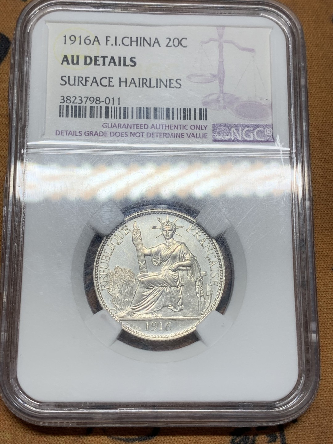 《竞宝斋》第91场-本周日，周一2场连拍（全场不限金额包邮） NGC AU评级 1916年 法属印支20分银币，高鼻子高胸