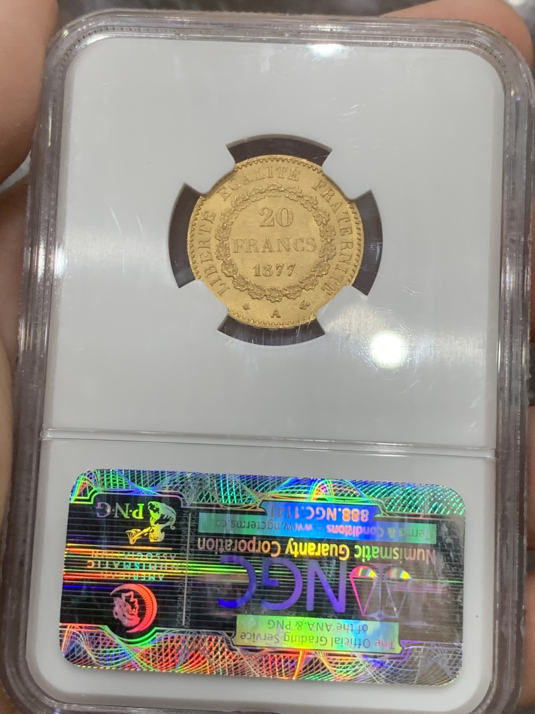 《竞宝斋》第91场-本周日，周一2场连拍（全场不限金额包邮） NGC MS65 法国1877年宪法天使20法郎幸运金币高分少见