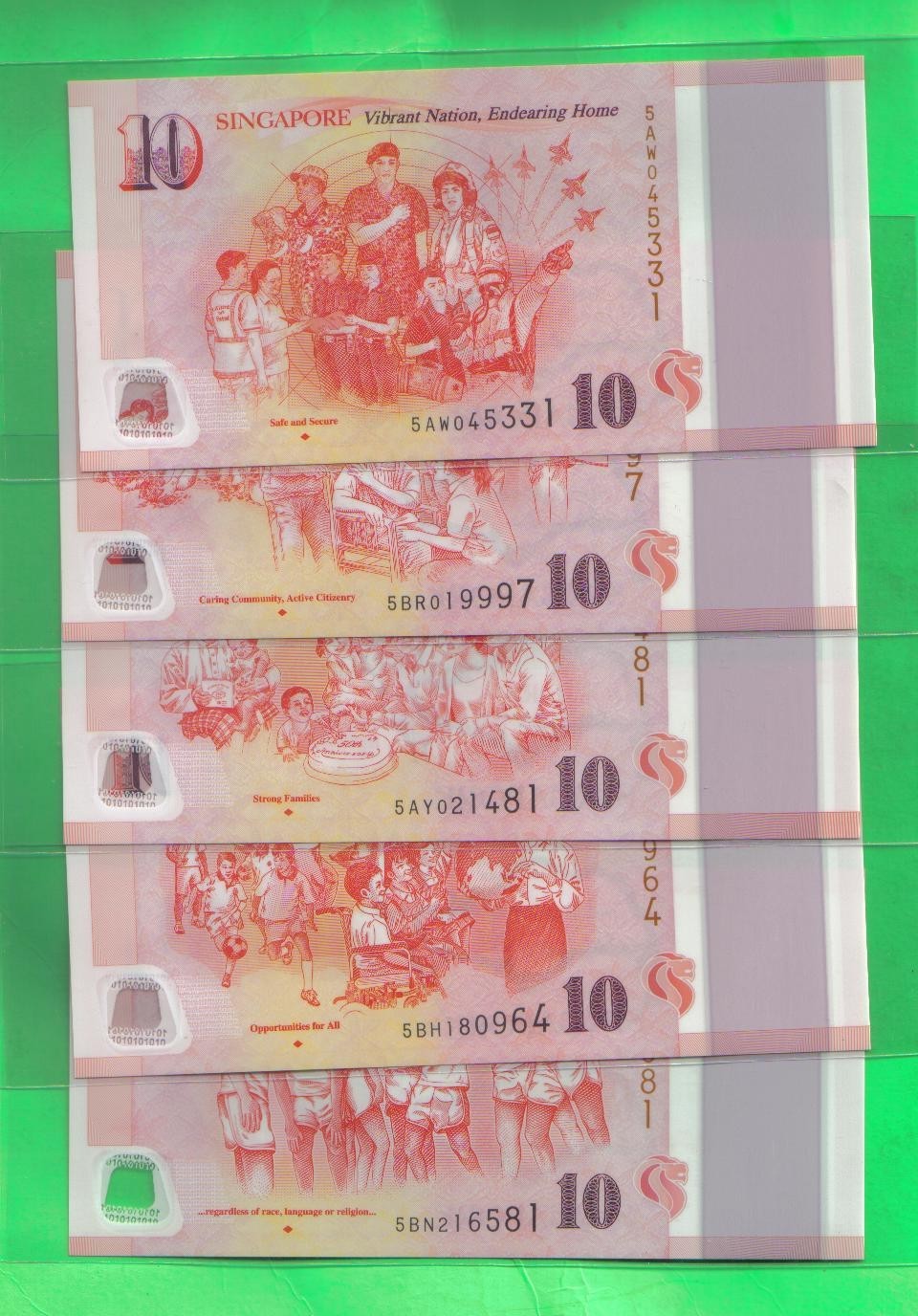 新加坡2015年10元 该国独立50周年塑料纪念钞 全套5枚 裸钞 实图 UNC       