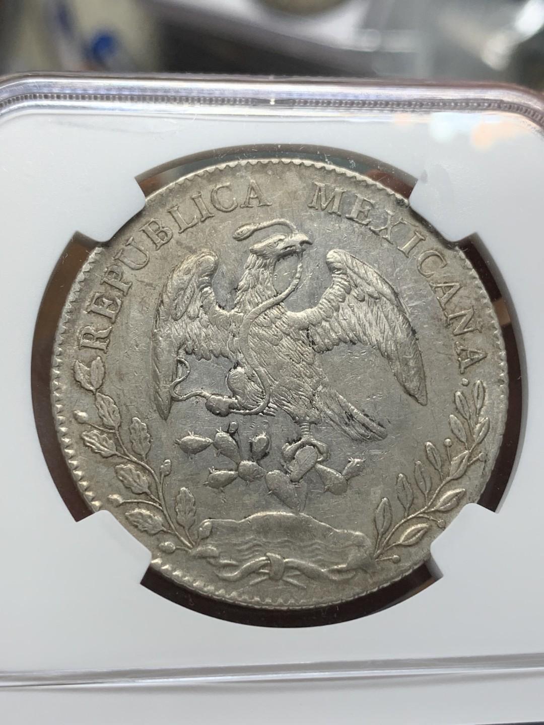 《竞宝斋》第91场-本周日，周一2场连拍（全场不限金额包邮）  NGC-UNC 墨西哥 1891年 MO AM版8R鹰洋银币 有污渍 洗洗可搏分