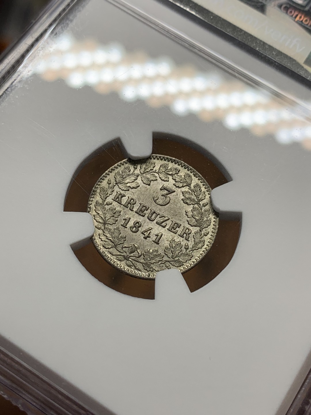 《竞宝斋》第91场-本周日，周一2场连拍（全场不限金额包邮） NGC-MS64 德国巴登1841年3克鲁泽 银币