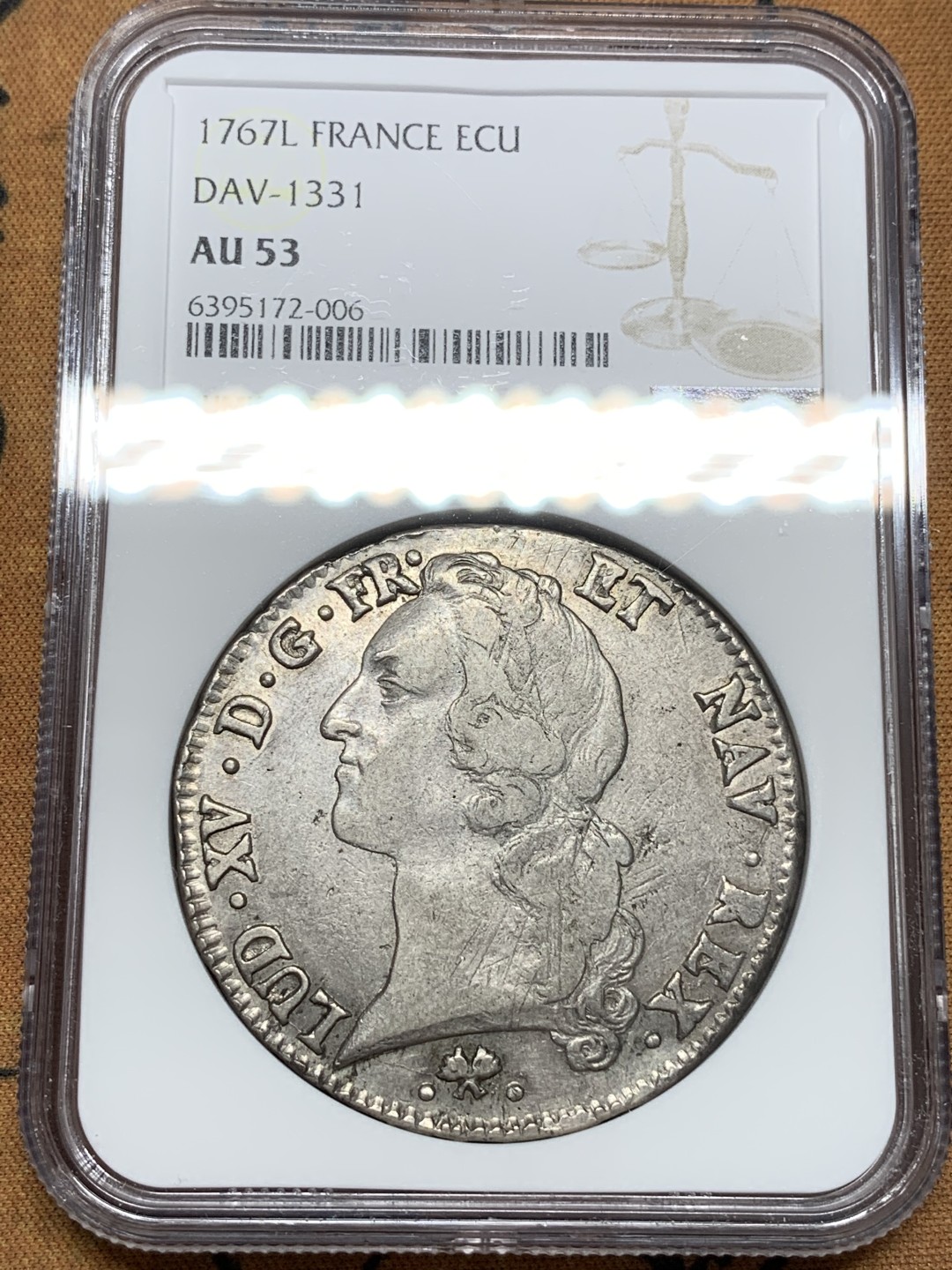 《竞宝斋》第91场-本周日，周一2场连拍（全场不限金额包邮） NGC-AU53 法国1767-L年 路易十五ECU大银币 非常漂亮