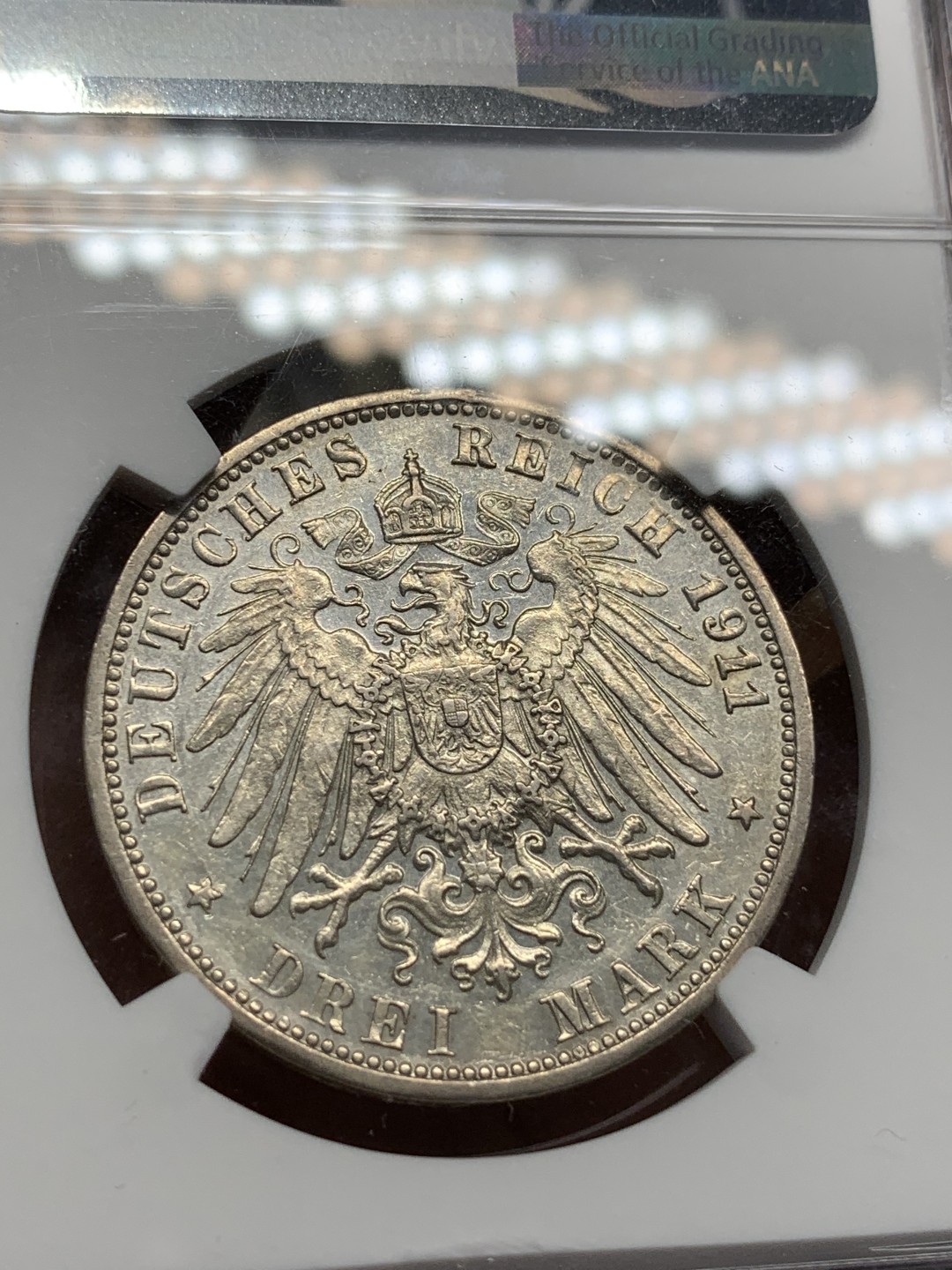 《竞宝斋》第91场-本周日，周一2场连拍（全场不限金额包邮） NGC AU58 德国符腾堡1911年威廉二世国王头像3马克银币