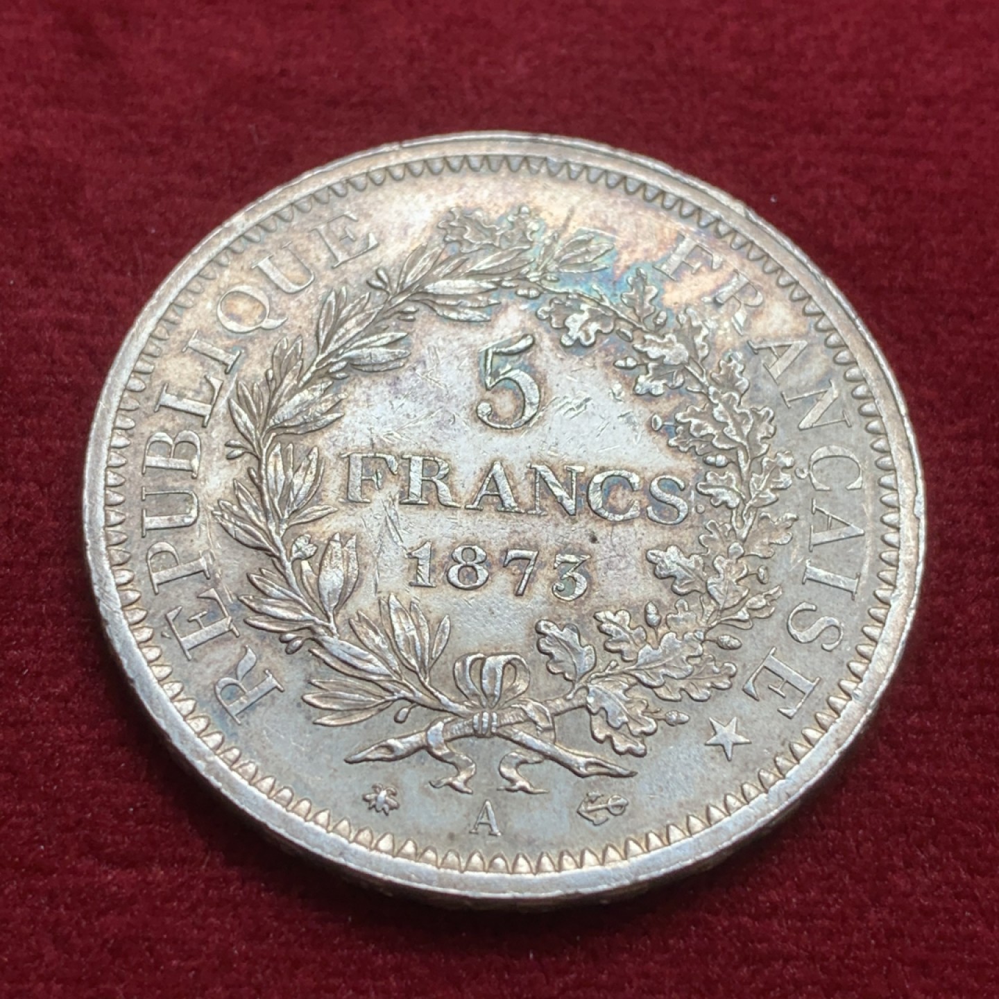 《竞宝斋》第91场-本周日，周一2场连拍（全场不限金额包邮） 法国 1873年 大力神 5法郎 银币 AU品 细节不错