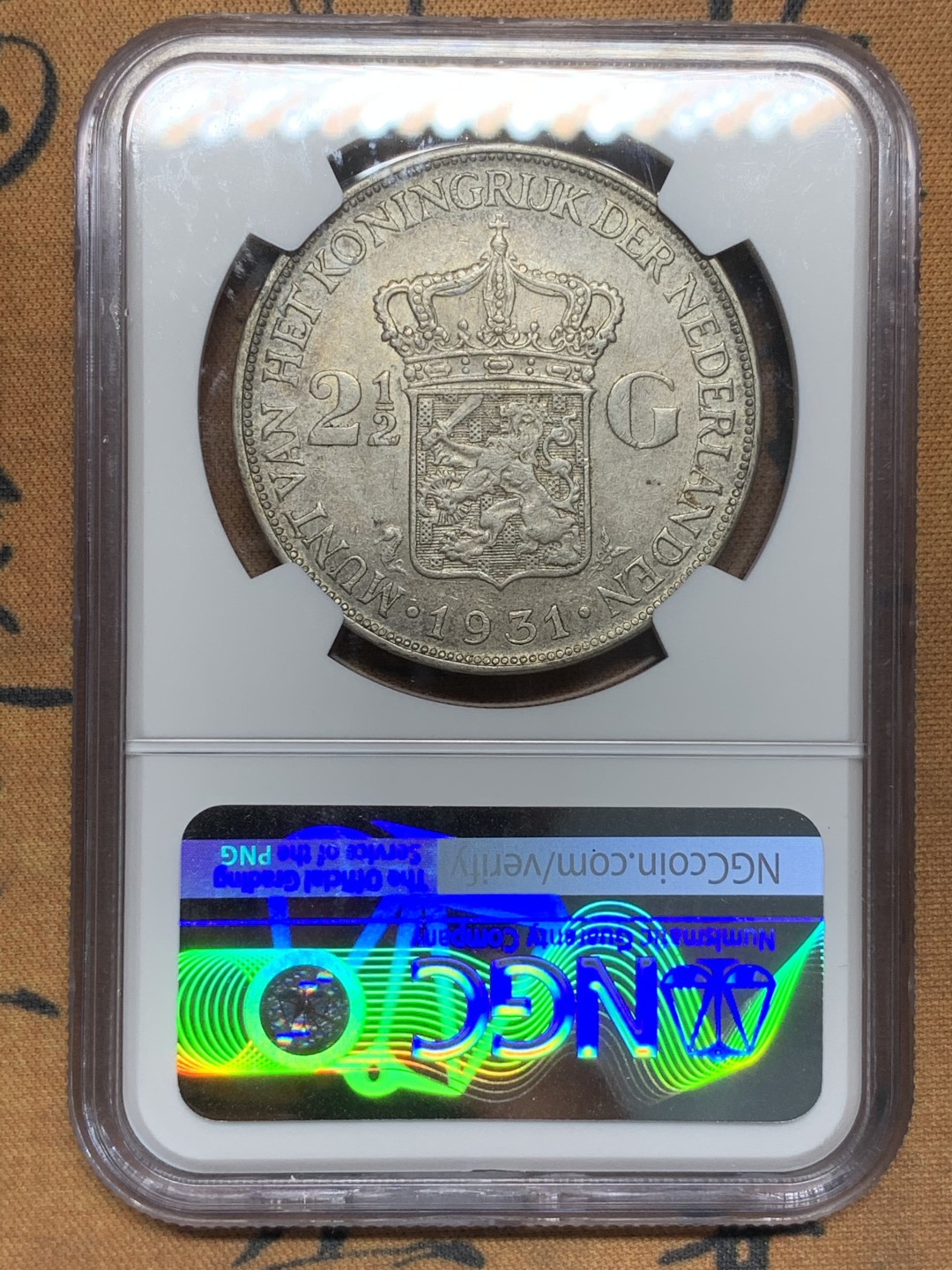 《竞宝斋》第91场-本周日，周一2场连拍（全场不限金额包邮） NGC-AU53 荷兰 1931年 2.5盾 威廉明娜女王大银币 漆黑包浆 底板较好