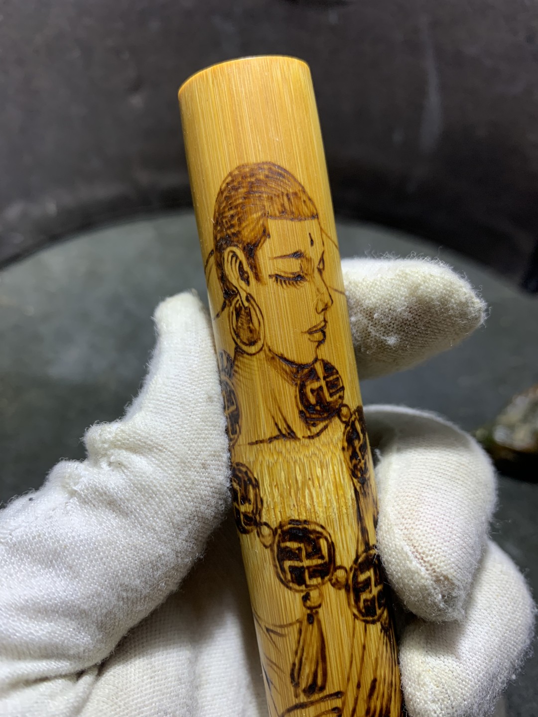 仅此一个！烫画“达摩”玉竹实心竹手把件一个，