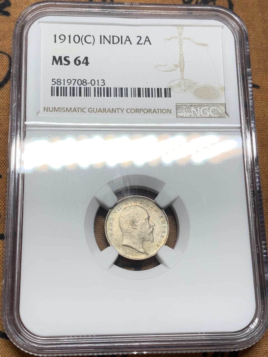 《竞宝斋》第91场-本周日，周一2场连拍（全场不限金额包邮） NGC-MS64 印度 爱七 1910年2安娜 银币 非常少见