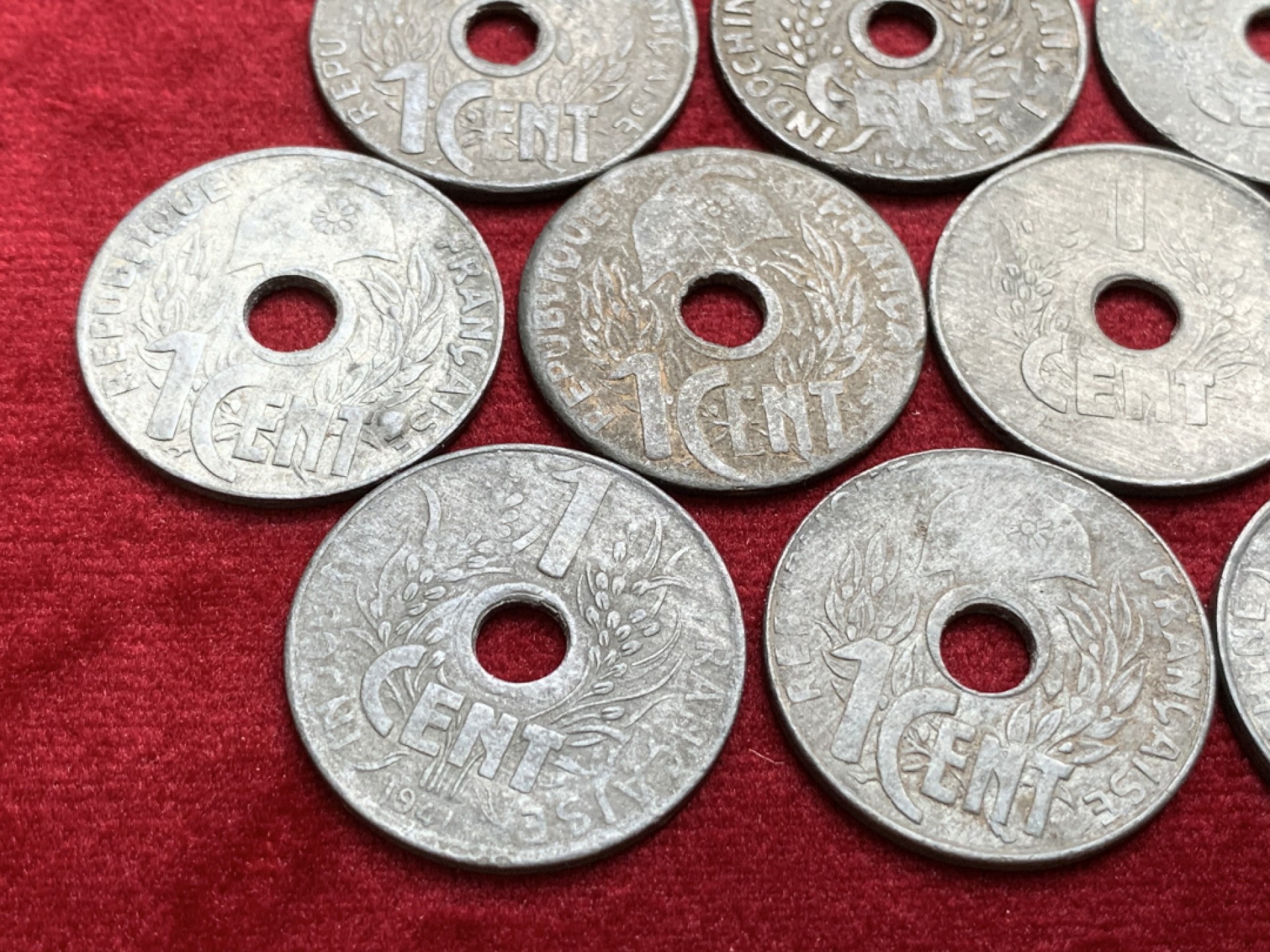 《竞宝斋》第91场-本周日，周一2场连拍（全场不限金额包邮） 1941年法属印支1分锌币流通品 10枚