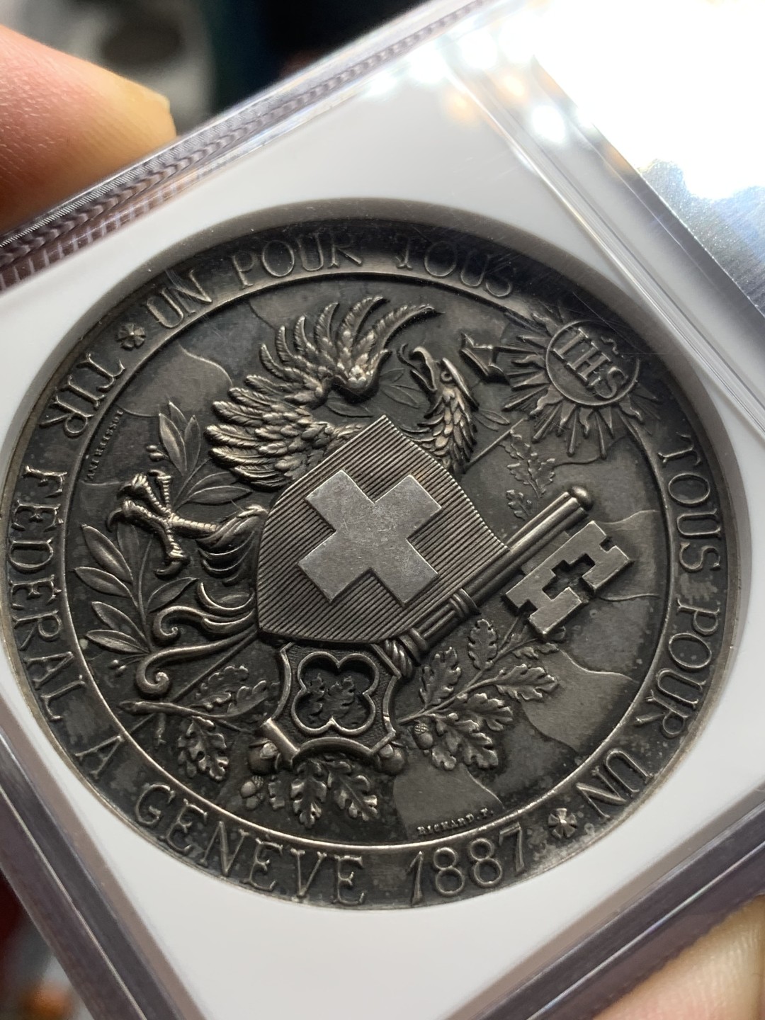 《竞宝斋》第91场-本周日，周一2场连拍（全场不限金额包邮） NGC-MS62 1887 瑞士日内瓦射击节 银章  细节好 小碎步更好