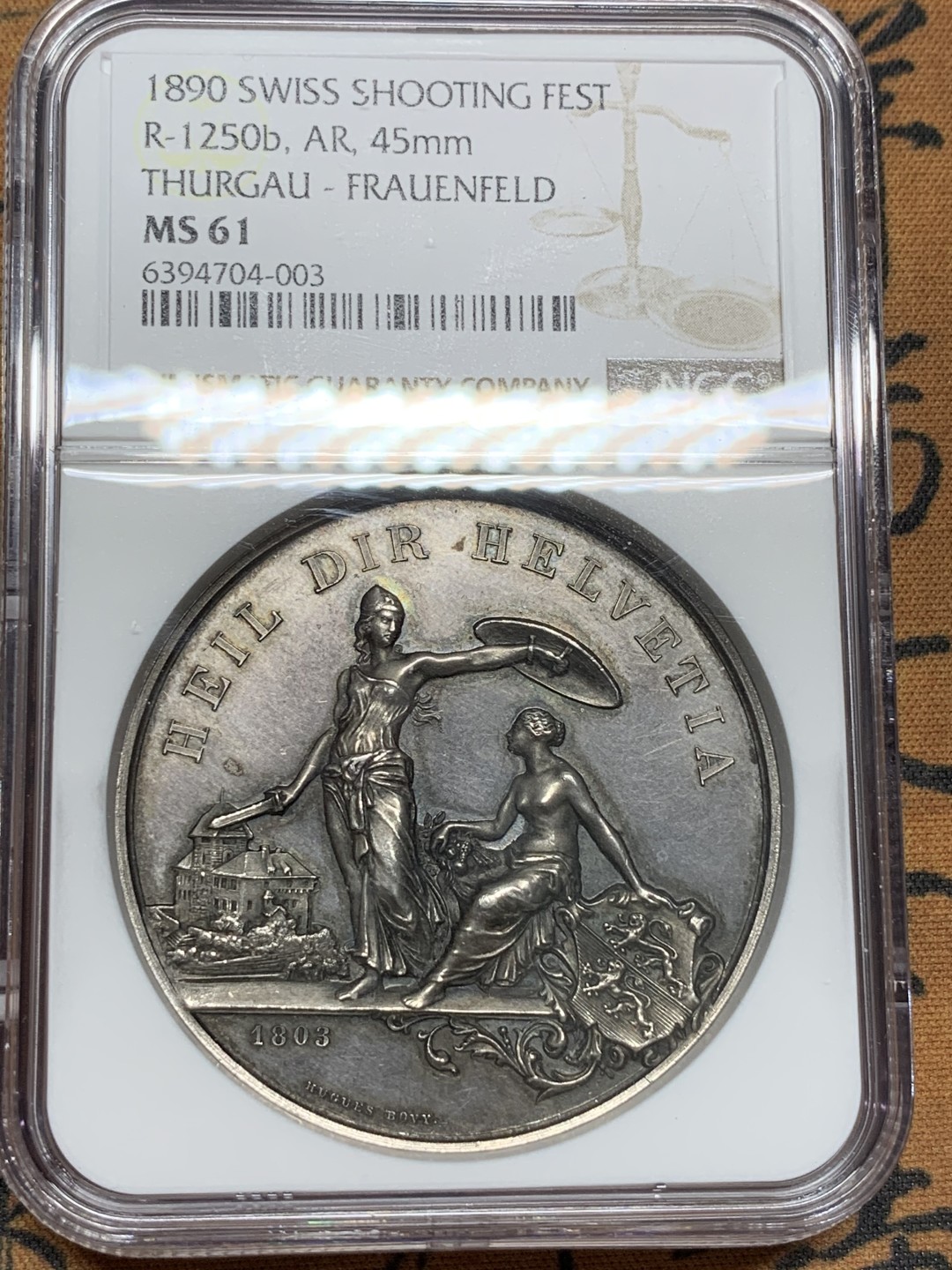 《竞宝斋》第91场-本周日，周一2场连拍（全场不限金额包邮） NGC-MS61 1890 瑞士图尔高射击节 银章 细节炸天 背面牵着狮子的链条清晰可见