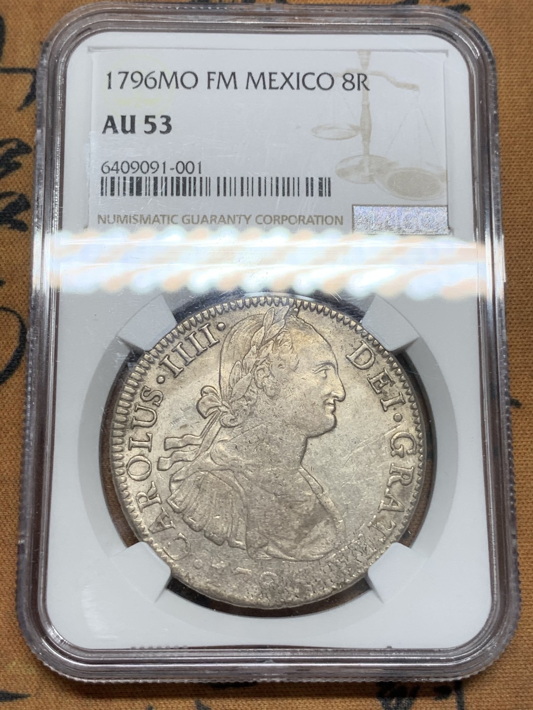 《竞宝斋》第91场-本周日，周一2场连拍（全场不限金额包邮） NGC AU53 墨西哥 1796年 卡洛斯四世 8R 双柱 大银币 原味包浆 状态不错