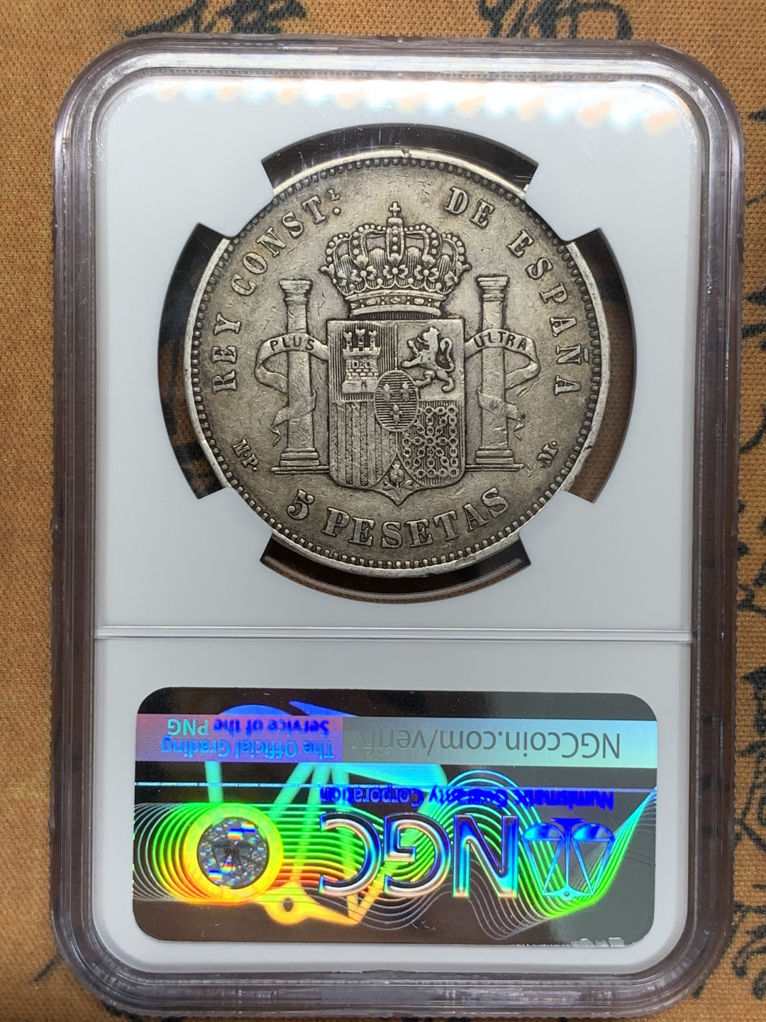 《竞宝斋》第91场-本周日，周一2场连拍（全场不限金额包邮） NGC-VF35 西班牙1888年 阿方索十三世 5比塞塔双柱大银币 黑包浆非常漂亮