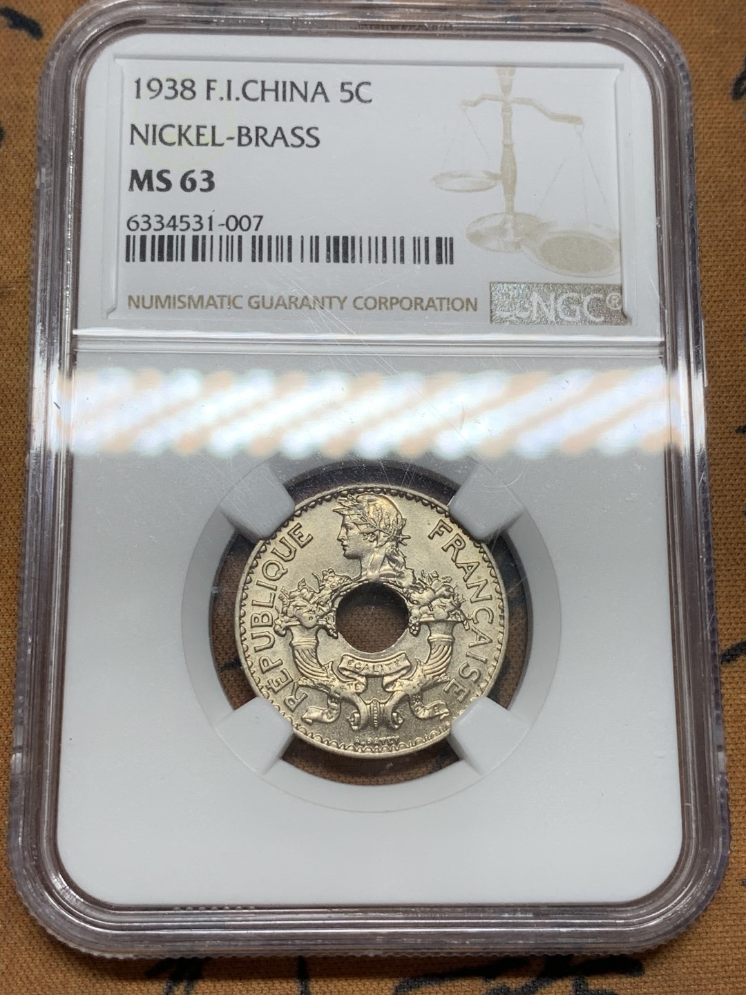 《竞宝斋》第91场-本周日，周一2场连拍（全场不限金额包邮） NGC MS63 1938年法属印支 5分镍币