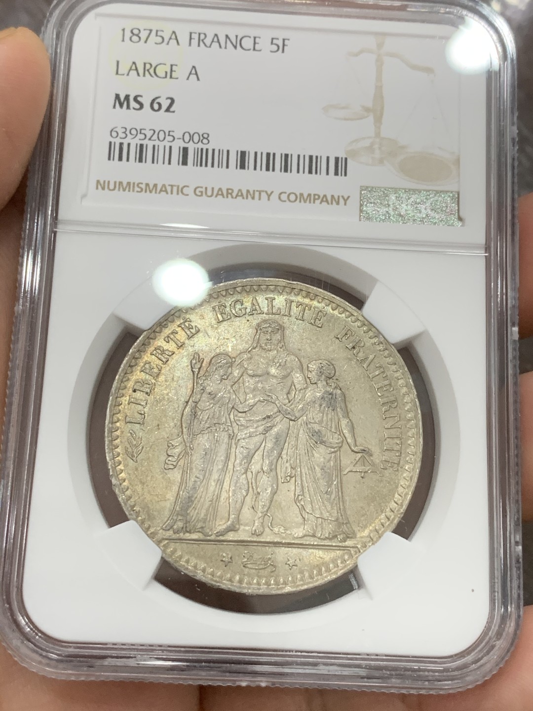 《竞宝斋》第91场-本周日，周一2场连拍（全场不限金额包邮） NGC-MS62 法国1875-A年 大力神5法郎大银币 原光带淡彩 非常漂亮