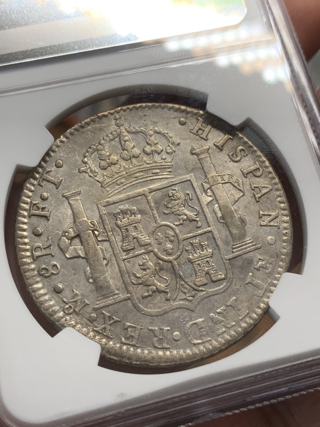 《竞宝斋》第91场-本周日，周一2场连拍（全场不限金额包邮） NGC AU 墨西哥 1803年 卡四 8R 双柱 大银币 打制的不错