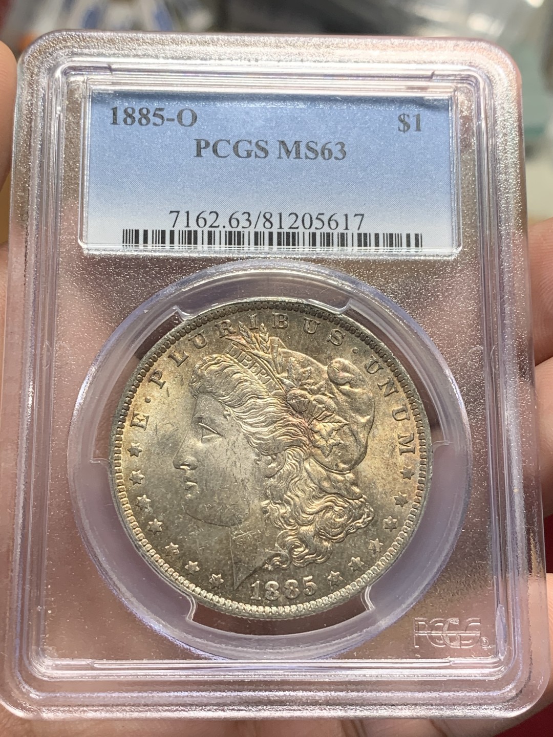 《竞宝斋》第91场-本周日，周一2场连拍（全场不限金额包邮） PCGS-MS63 美国 1885 O版 摩根银币 原味五彩好品