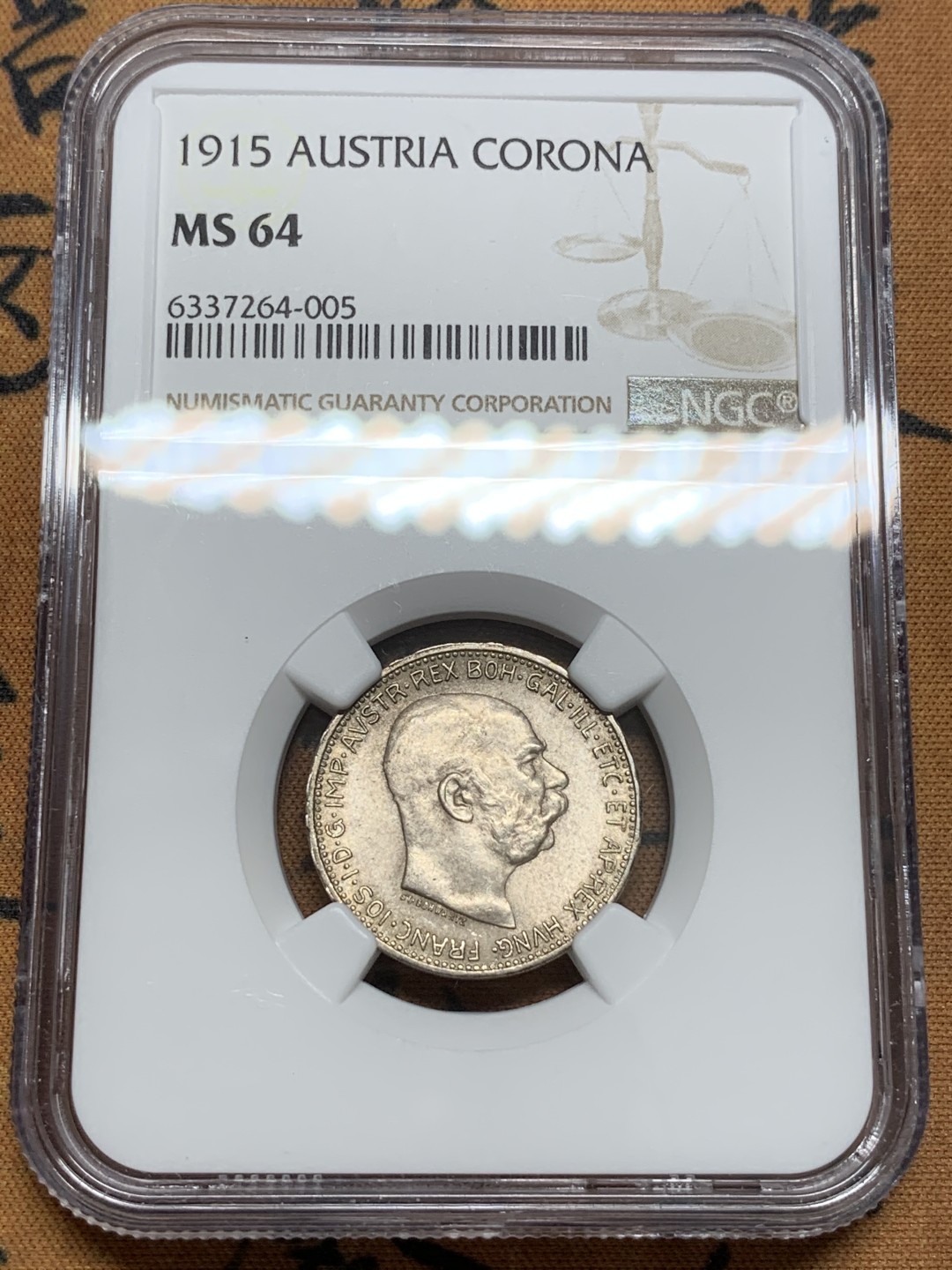 《竞宝斋》第91场-本周日，周一2场连拍（全场不限金额包邮） NGC-MS64 奥地利1915年 佛朗此一世 1克朗银币 顶级品相