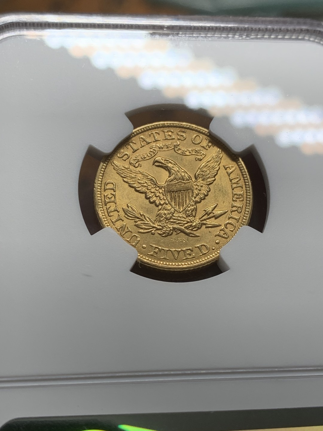 《竞宝斋》第91场-本周日，周一2场连拍（全场不限金额包邮） NGC-MS62 美国1899年 自由女神像和老鹰 早期5美元 金币 原光 一流的状态