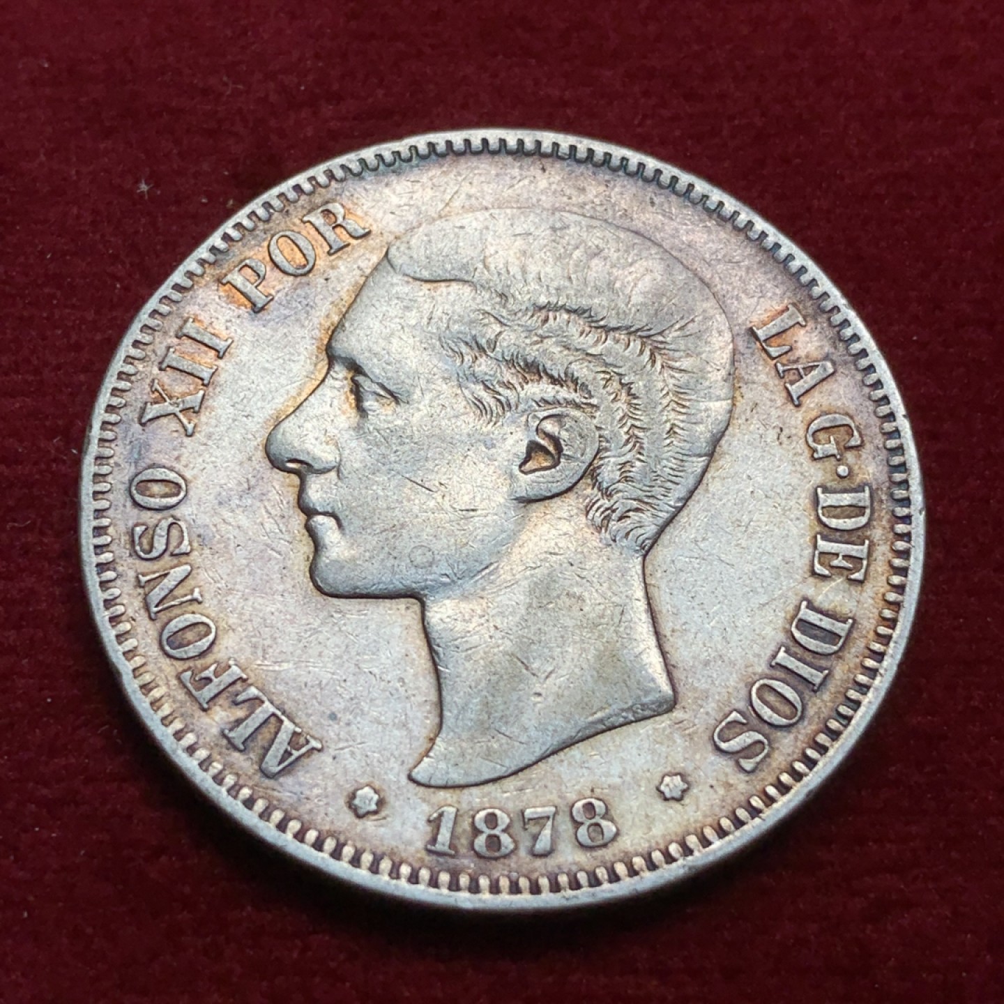 《竞宝斋》第91场-本周日，周一2场连拍（全场不限金额包邮） 西班牙  1878  5比塞塔银币  青年版